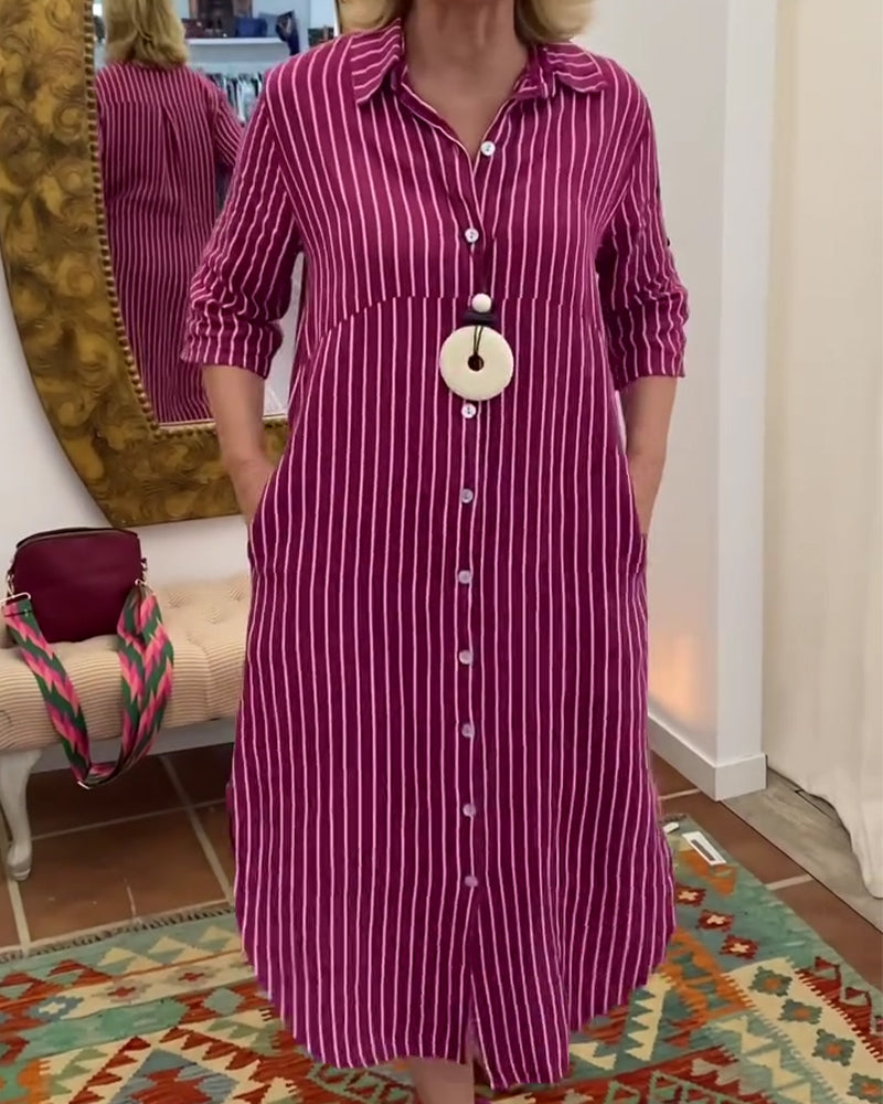 Heidi-Mode | Kleid Revers Knöpfen Gestreiftes Hemd