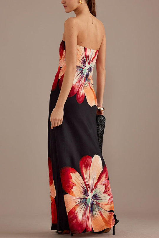 Heidi-Mode | Charmante Damen Satin Floral Print Bandeau Lockere Maxi Kleid