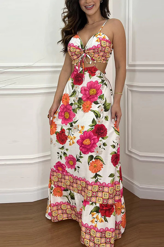 Heidi-Mode | Mexico Style Tropischer Druck Ring Cutout Schnürung Urlaub Maxi Kleid