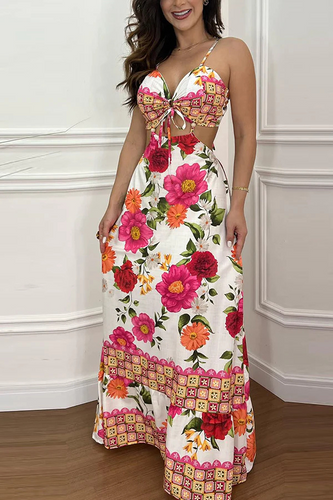 Heidi-Mode | Mexico Style Tropischer Druck Ring Cutout Schnürung Urlaub Maxi Kleid