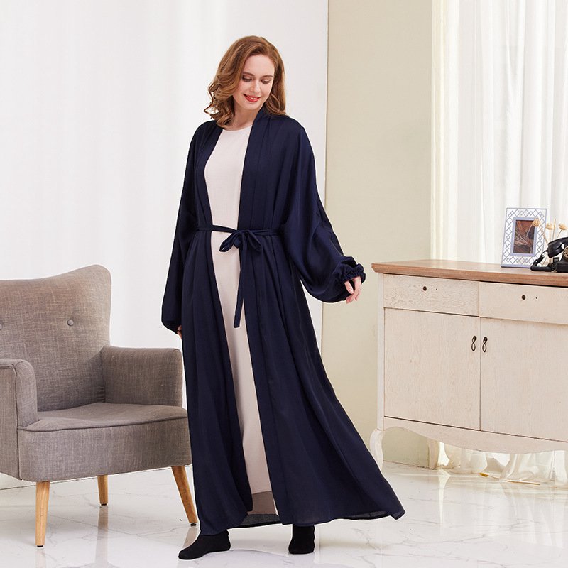 Heidi-Mode | 8 Farboptionen Satin Laternenärmel Offene Abaya Kleid Muslimische Dubai Frauen