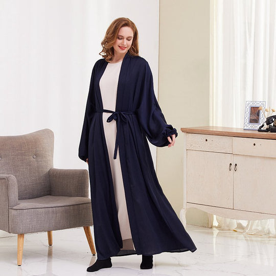 Heidi-Mode | 8 Farboptionen Satin Laternenärmel Offene Abaya Kleid Muslimische Dubai Frauen