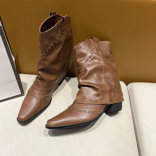 Heidi-Mode | Trendy Western Stiefel mit Nieten und Mittelhohem Absatz Cowboy Stiefel Damen
