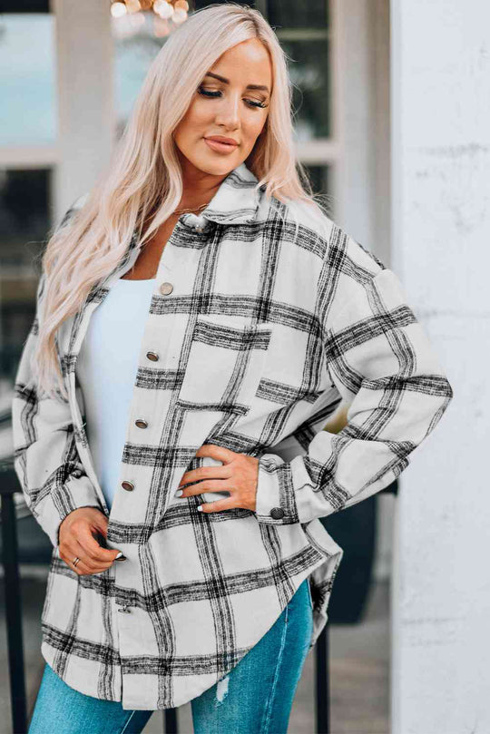 Heidi-Mode | Karo Kurviger Saum Fallende Schulter Langarmhemd Jacke
