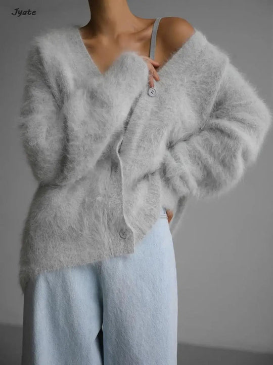 Heidi-Mode | Damen Strickpullover Strick Weicher Mohair Pullover mit V-Ausschnitt Lässig und Bequem