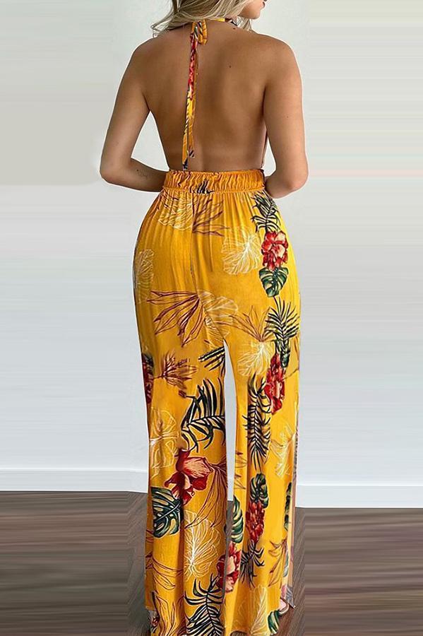 Heidi-Mode | Carneros Floral Print Halter Breite Beine Jumpsuit