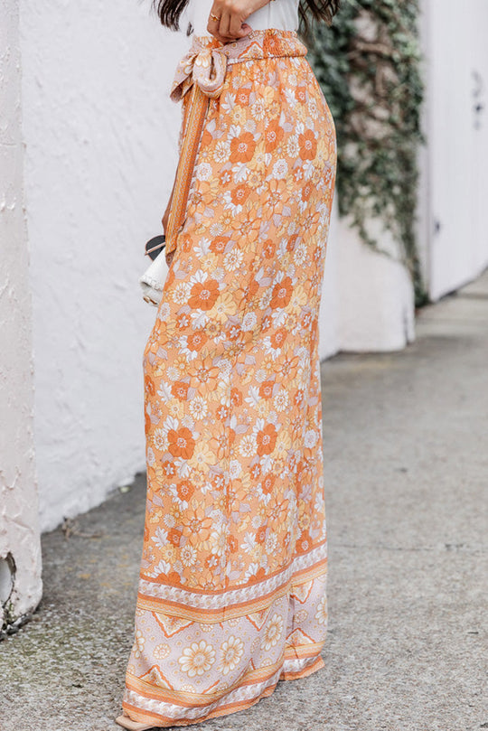 Orange Krawatte Taille Boho Floral Wide Leg Hose