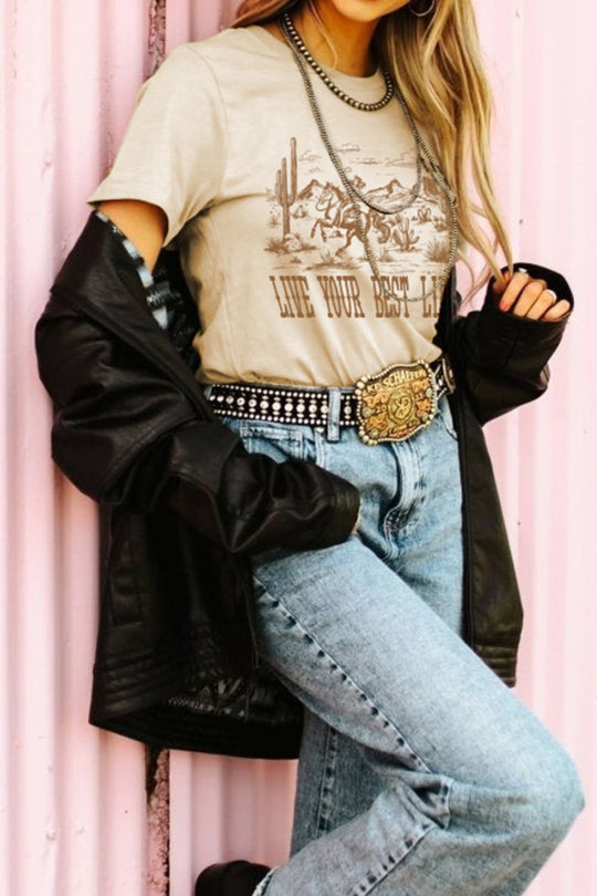 Heidi-Mode | Lebe Dein Bestes Leben Western Grafik Kurzarm-T-Shirt