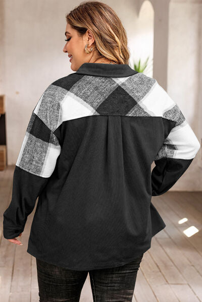 Plus-Size kariertes Sakko mit Druckknopfverschluss und Taschen