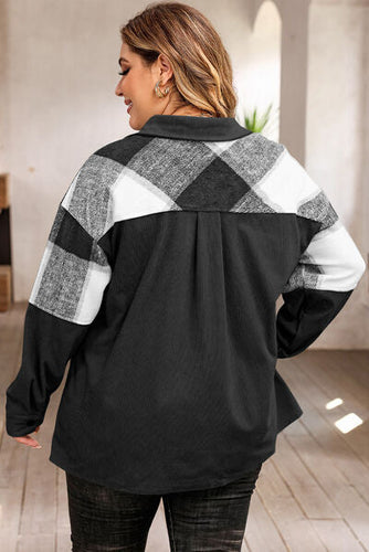 Plus-Size kariertes Sakko mit Druckknopfverschluss und Taschen