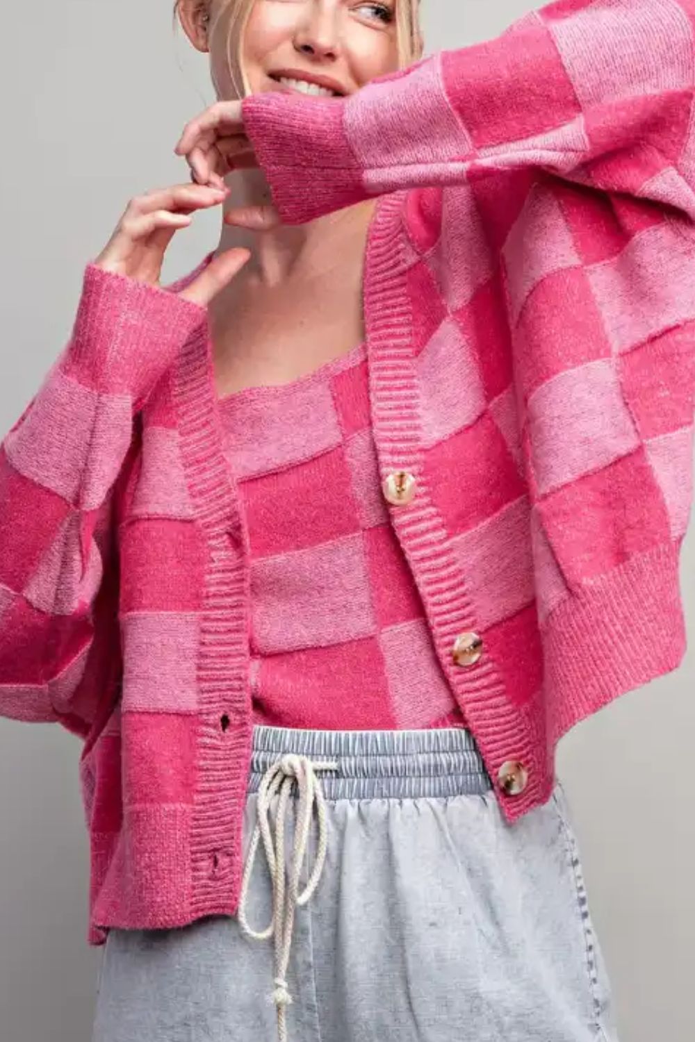 Heidi-Mode | Kariertes V-Ausschnitt Langarm Cardigan