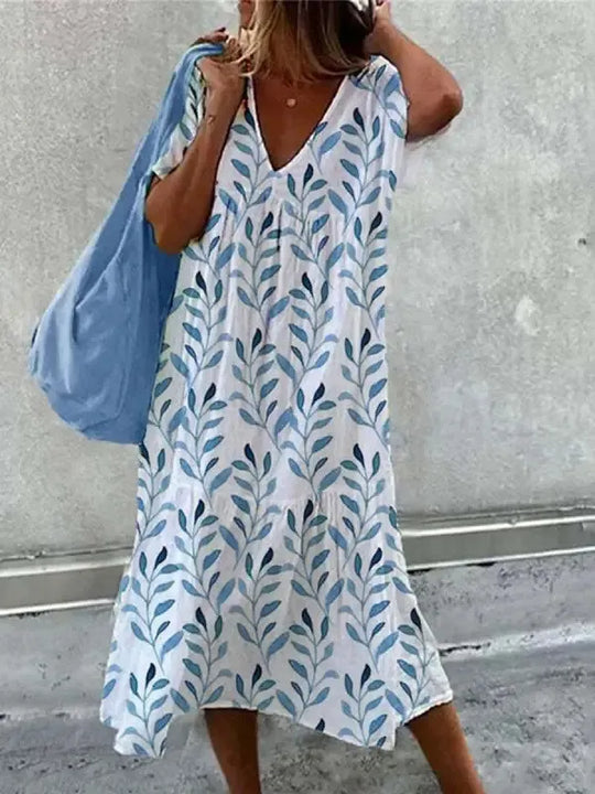 Heidi-Mode | Boho-Strandkleid für Frauen Sommerkleid mit V-Ausschnitt und Kurzen Ärmeln mit Floralem Muster
