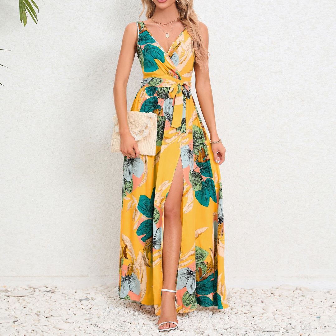 Sommer Mode Taille Krawatte Schlitz Design ärmelloses Kleid