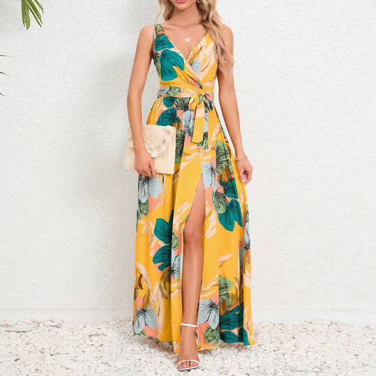 Sommer Mode Taille Krawatte Schlitz Design ärmelloses Kleid