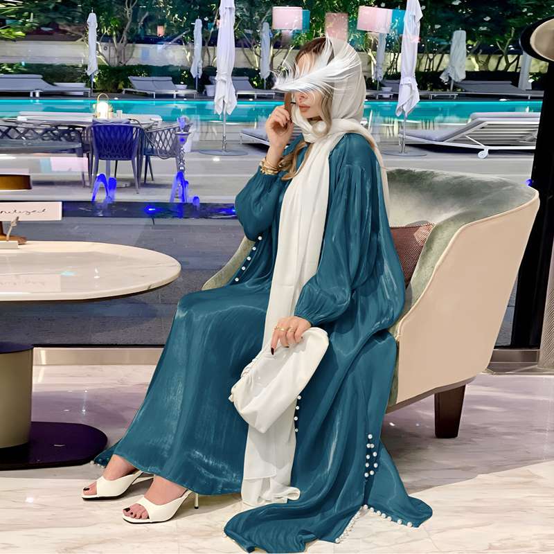 Heidi-Mode | 2 Teile Set Satin Perlen Muslimische Frauen Offene Abaya Kleid mit Innentop Ärmeloses Kleid