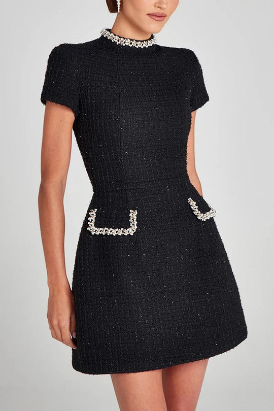 Heidi-Mode | Exquisite und Verspielt Tweed Stoff Perlenbesatz Kurzarm Eingrifftaschen Mini Kleid