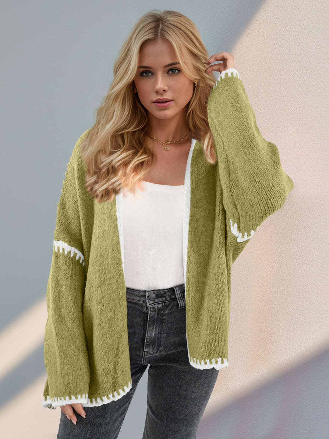 Heidi-Mode | Double Take Kontrast Offene Vorderseite Herunterfallende Schulter Strickjacke