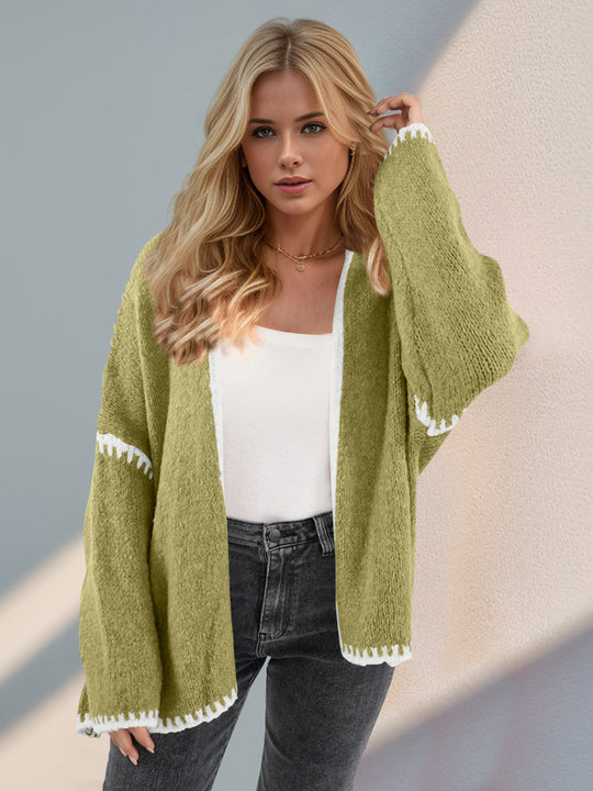 Heidi-Mode | Double Take Kontrast Offene Vorderseite Herunterfallende Schulter Strickjacke