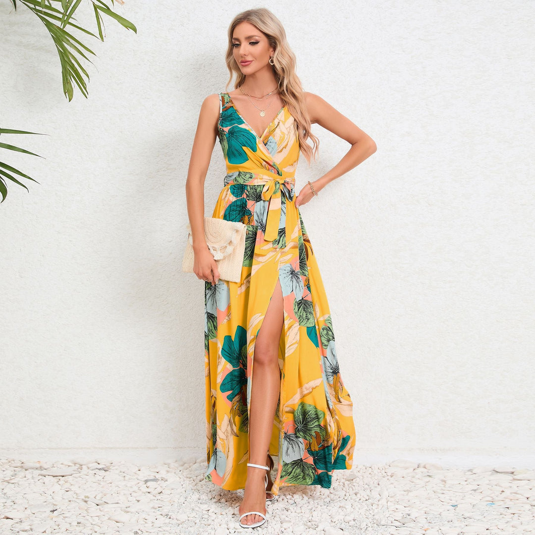 Sommer Mode Taille Krawatte Schlitz Design ärmelloses Kleid