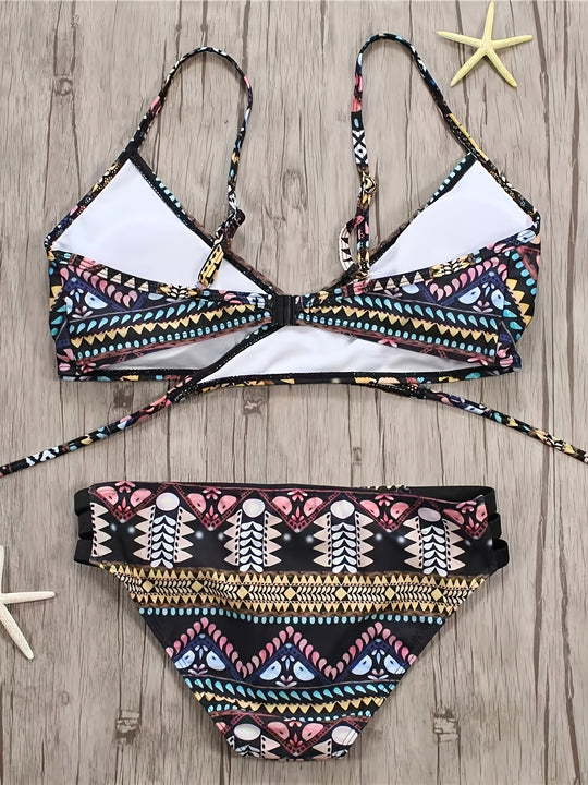 Heidi-Mode | Boho Bikini Set Zwei Teile mit Hoher Taille und Tribal-Muster, Ohne Träger