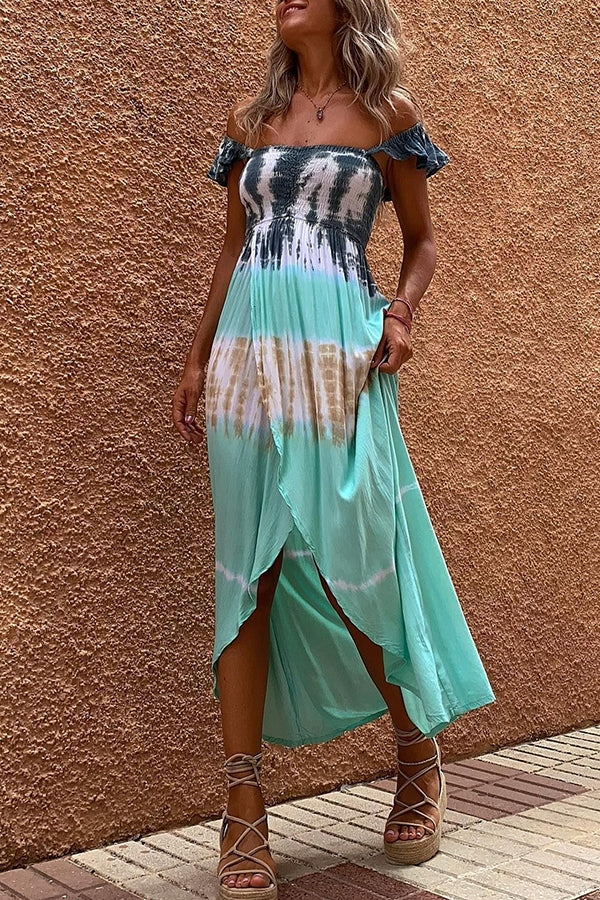 Heidi-Mode | Off In Paradise Batik Smocked Schlitz Maxi Kleid