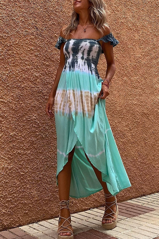 Heidi-Mode | Off In Paradise Batik Smocked Schlitz Maxi Kleid
