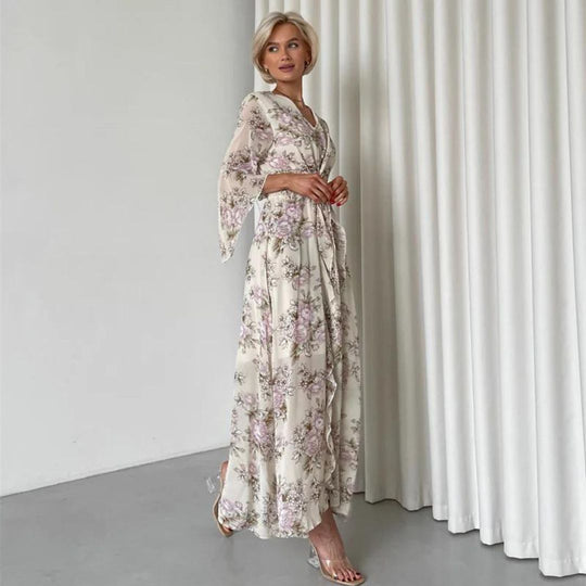 Heidi-Mode Florales Midi-Kleid mit V-Ausschnitt