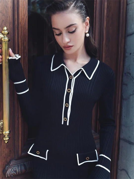 Heidi-Mode | Kleid mit Polokragen und Dekorativen Taschen Gerippter Strick Damen