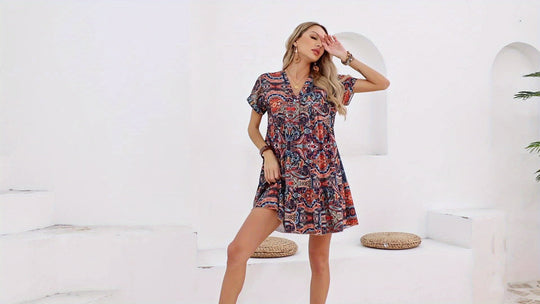 Heidi-Mode | Paisley V-Ausschnitt Kleid Locker Kurzarm Sommerkleid
