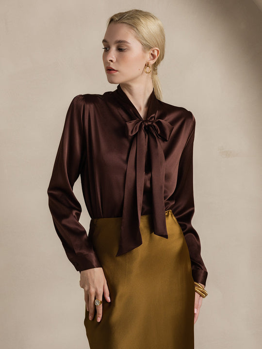 Heidi-Mode | Damen Elegante Seidenbluse mit Schlipskragen und Langen Ärmeln