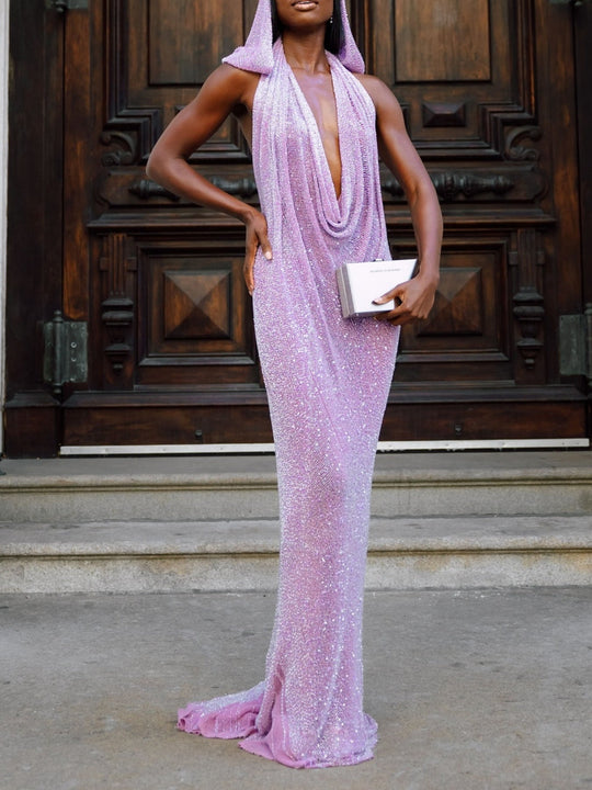 Heidi-Mode | Sexy Deep V Neck Pailletten Maxikleid
