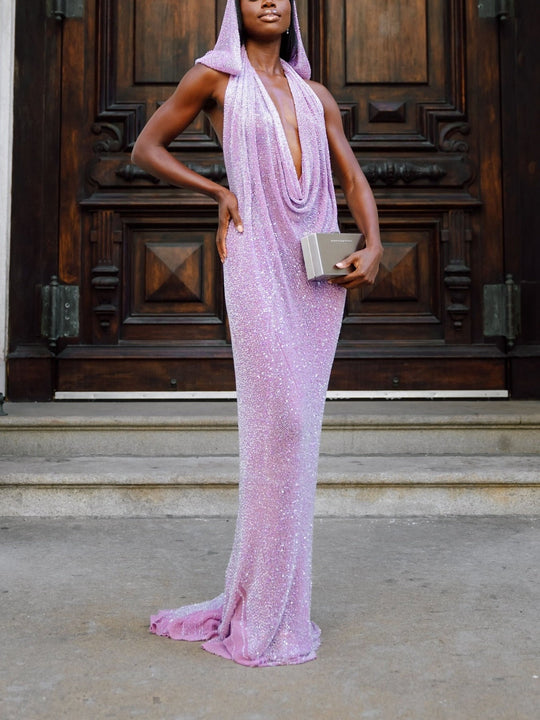 Heidi-Mode | Sexy Deep V Neck Pailletten Maxikleid