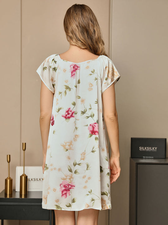 Heidi-Mode | 100% Seide Blumenmuster Lässig Süß Nachthemd