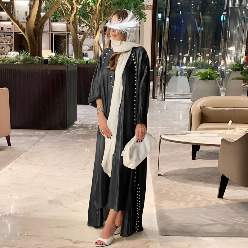 Heidi-Mode | 2 Teile Set Satin Perlen Muslimische Frauen Offene Abaya Kleid mit Innentop Ärmeloses Kleid