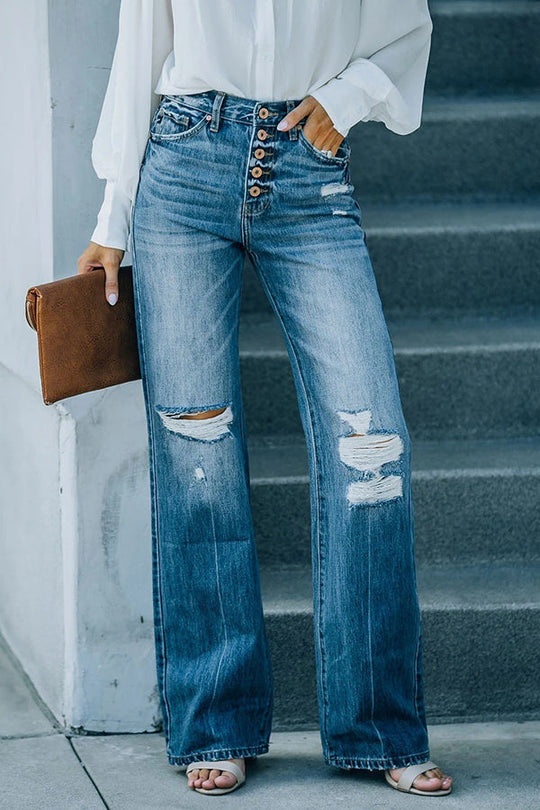 Heidi-Mode | Marcos Hohe Taille Distressed Knopf 90'S Flare Denim