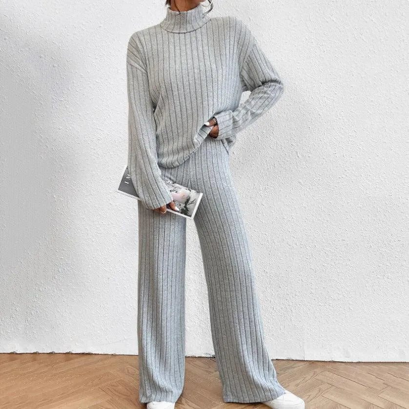Heidi-Mode | Zwei-teiliges Set aus gestricktem langärmligem Kleid für Frauen und weiten Hosen