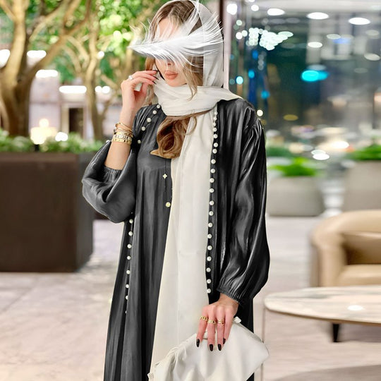 Heidi-Mode | 2 Teile Set Satin Perlen Muslimische Frauen Offene Abaya Kleid mit Innentop Ärmeloses Kleid