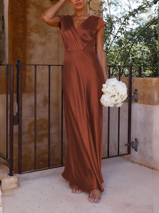 Heidi-Mode | Satin-Fishtail-Maxikleid mit V-Ausschnitt für Damen