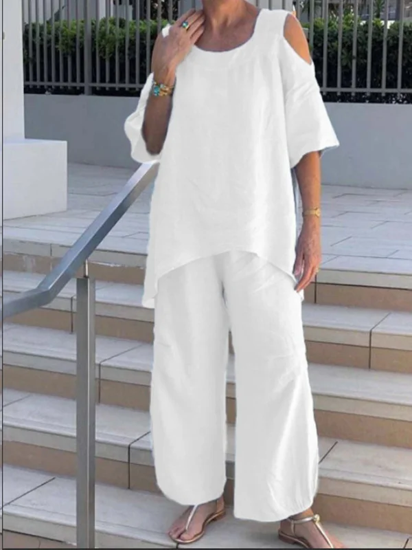 Heidi-Mode | Kurze Ärmel Baumwollleinen Hose mit Rundhalsausschnitt für Frauen Andrea