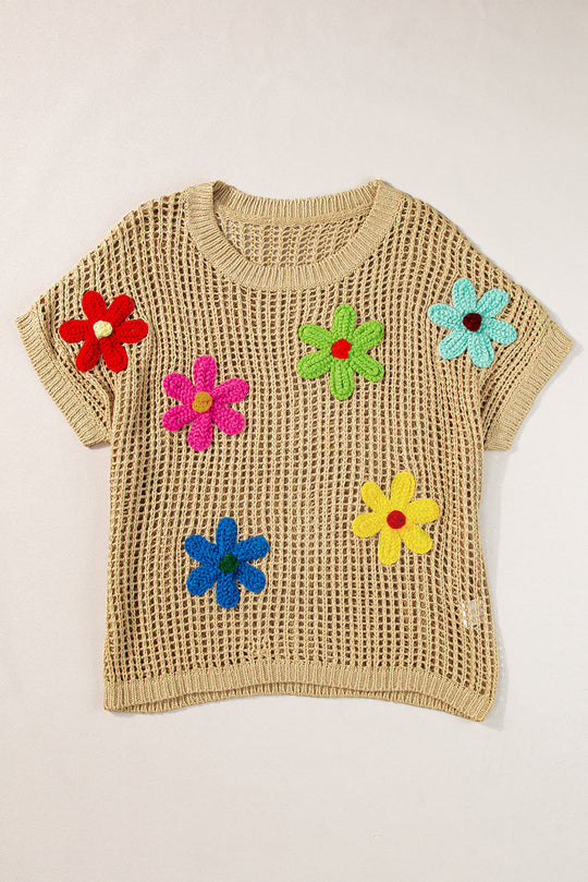 French Beige Häkelblumen-Hohlsaum-Pullover-T-Shirt