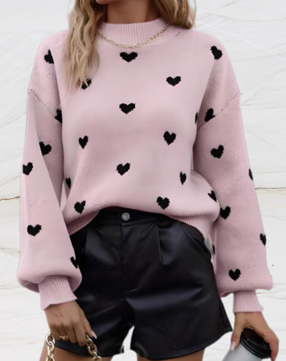 Heidi-Mode | Oversized Pullover Mit Rundhalsausschnitt Und Herzchenmuster