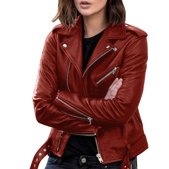Heidi-Mode | Lederjacke Damen Biker Modell mit Gürtel und Reißverschlussdetails
