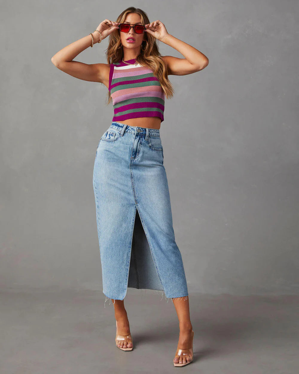 Heidi-Mode | Denim Maxi Rock mit Schlitz Vorne