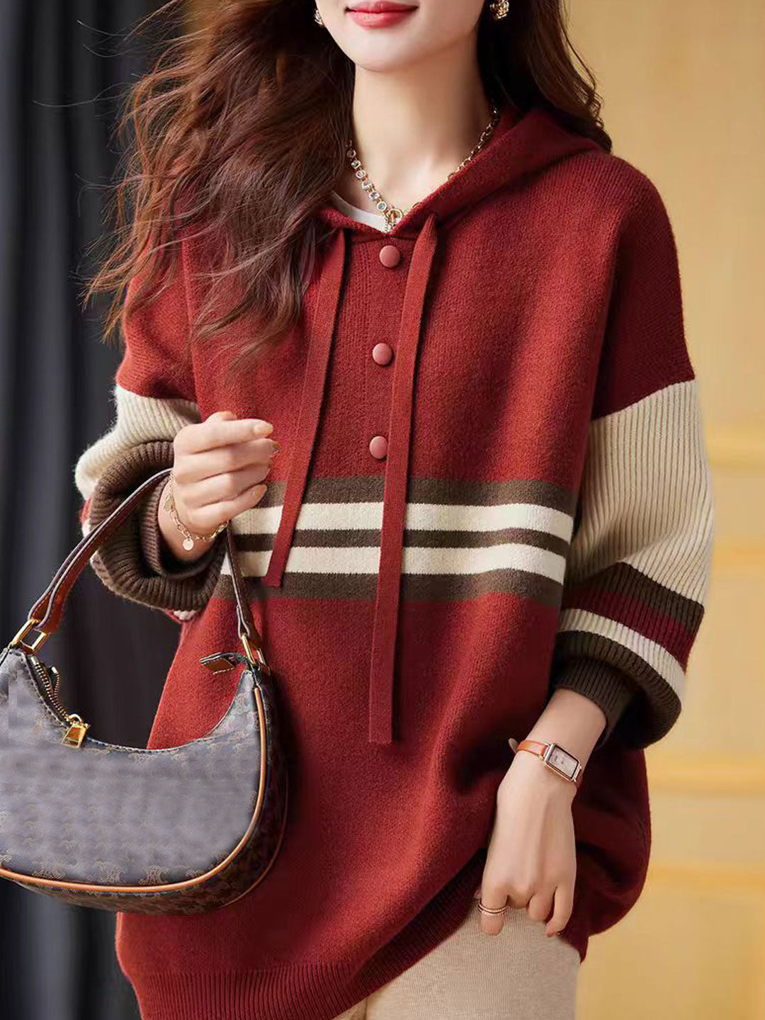Heidi-Mode | Hoodie Casual Kontrastfarbe Gestrickter Hoodie