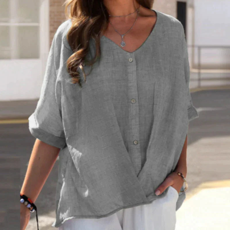 Heidi-Mode | Lockere V-Ausschnitt Knopfleiste Bluse