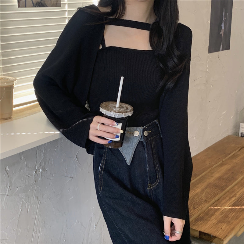 Heidi-Mode | Zwei Teiliger Einfarbiger Langärmeliger Gestrickter Bolero Strickjacke