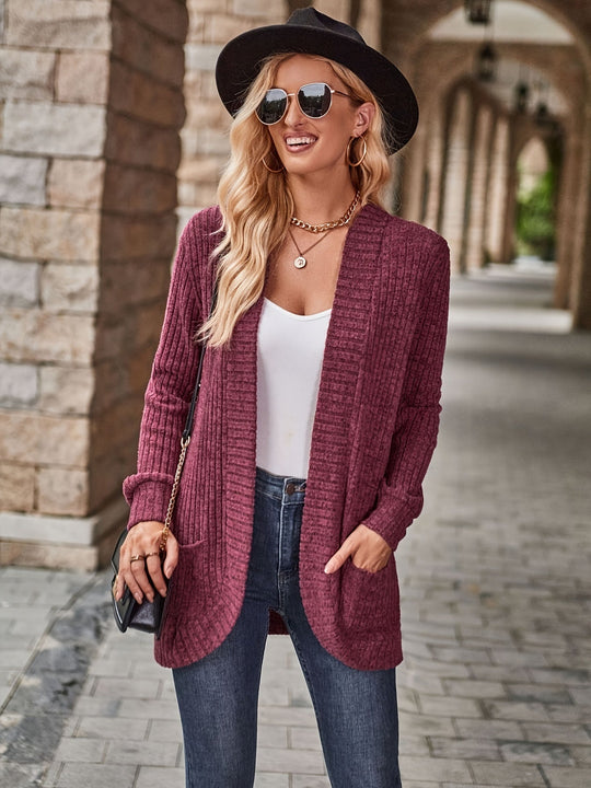 Heidi-Mode | Damen Gerippter Offener Vorderseite Strickjacke Lange Ärmeln Lässig Strickpullover mit Taschen