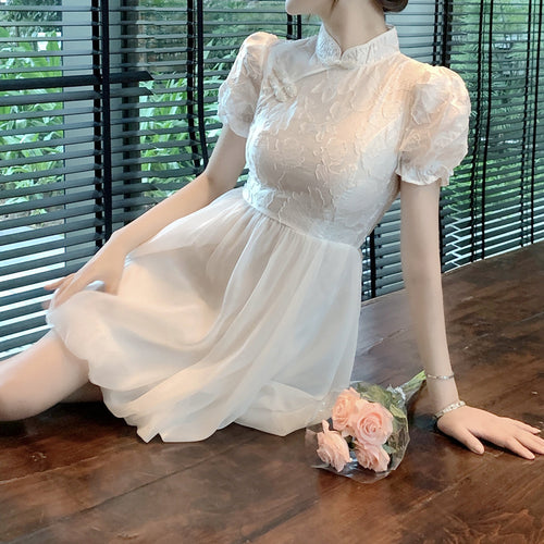 Heidi-Mode | Hoch Tailliertes Puffärmel Jacquard Bud Qipao Kleid