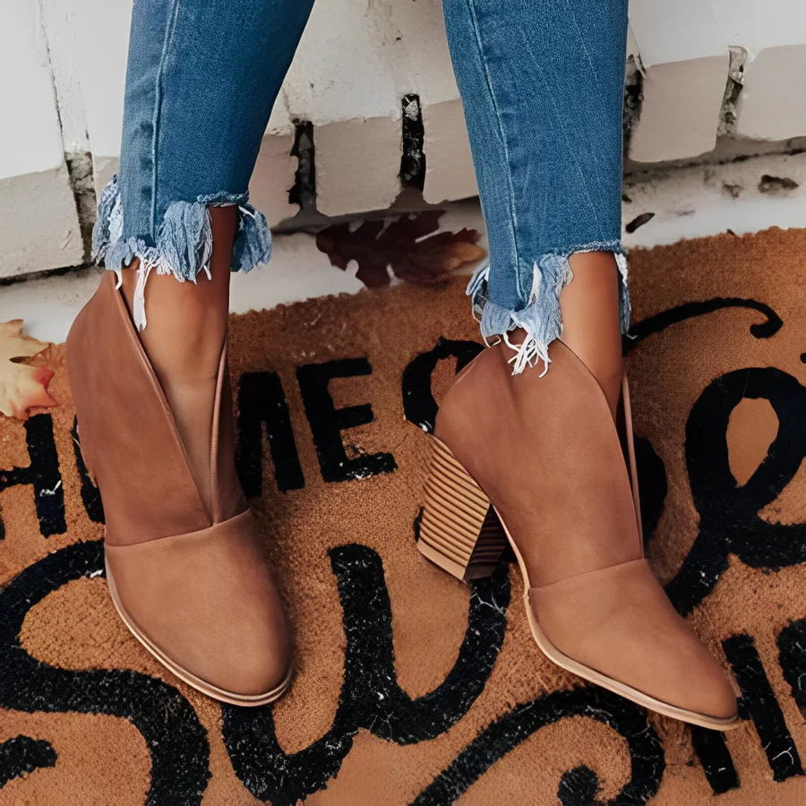 Heidi-Mode | Damen Hohe Ferse Ankle Boots, V-form Öffnung, Slipper, Chic und Elegant