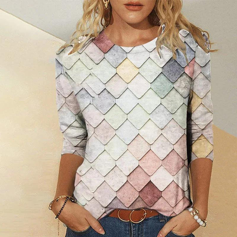 Heidi-Mode | Damen 3/4 Arm Bluse mit Wellenmuster, Freizeit Rundhalsausschnitt Shirt